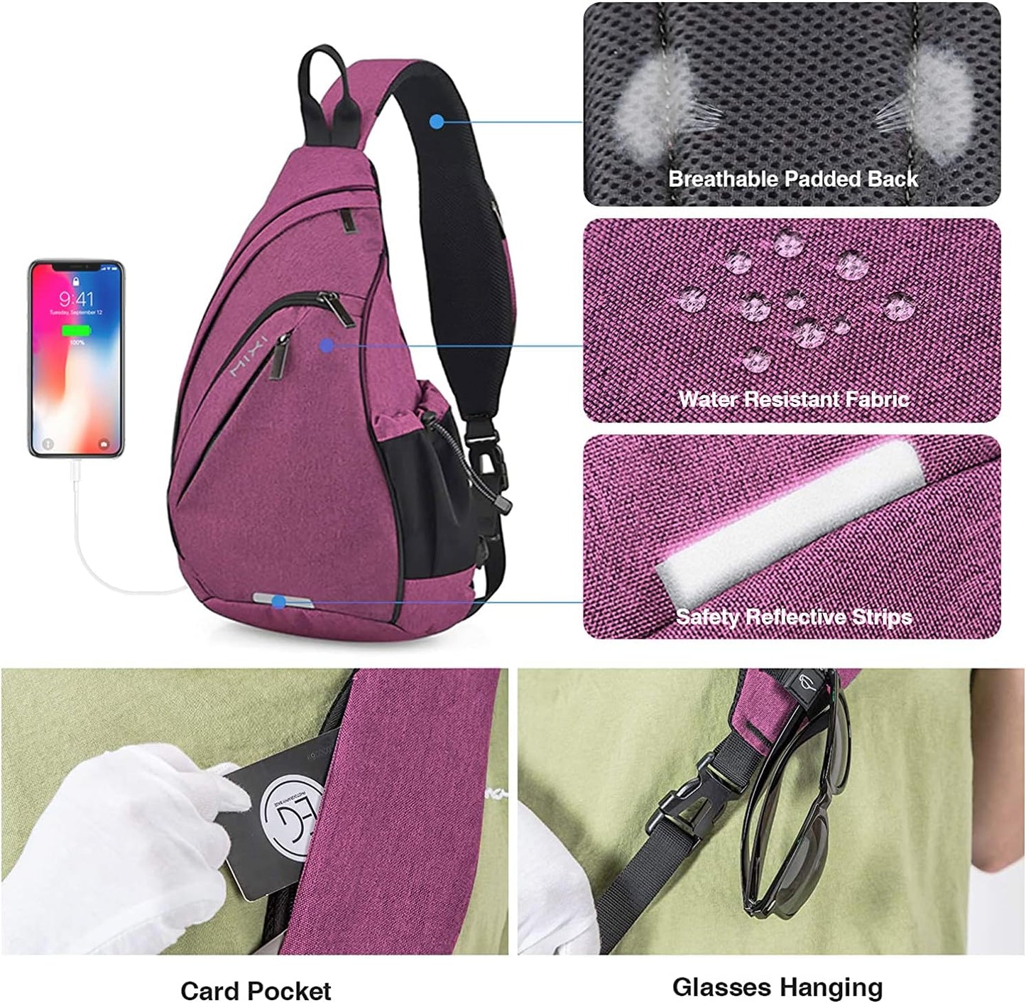 mixi Sling Bag Men Backpack Unisex One Shoulder Bag Hiking Travel Backpack Crossbody with USB Port