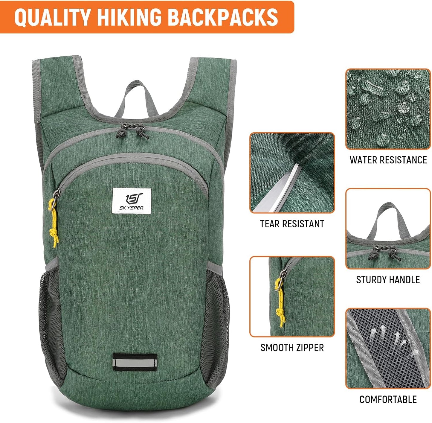 SKYSPER 10L Hiking Backpack, Foldable & Packable Lightweight Daypack for Travel, Collapsible Small Compact Hiking Backpack for Women & Men, Green
