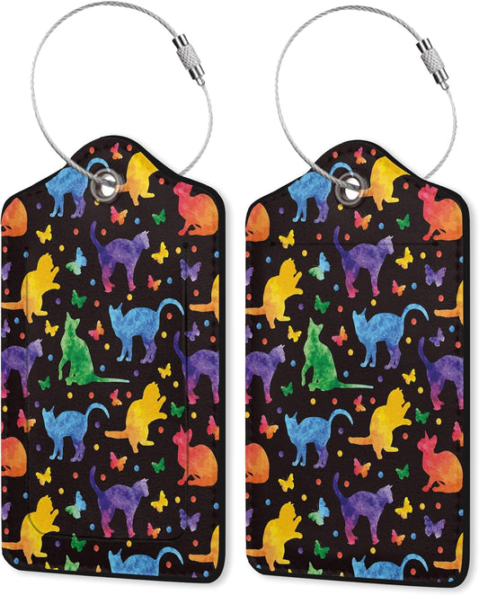 2 Pack Leather Luggage Tag for Suitcase Cute Rainbow Cat Silhouette Unique Travel Tags with Privacy Cover ID Label & Stainless Steel Loop for Men and Women Baggage