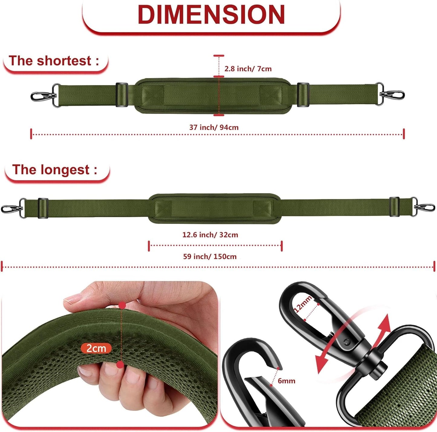 ZINZ Shoulder Strap - 59 Inch Universal Heavy-duty Adjustable Strap with Ultra-thick Fixed Breathable Pad for Laptop, Gym, Camera Bag and More -Army green