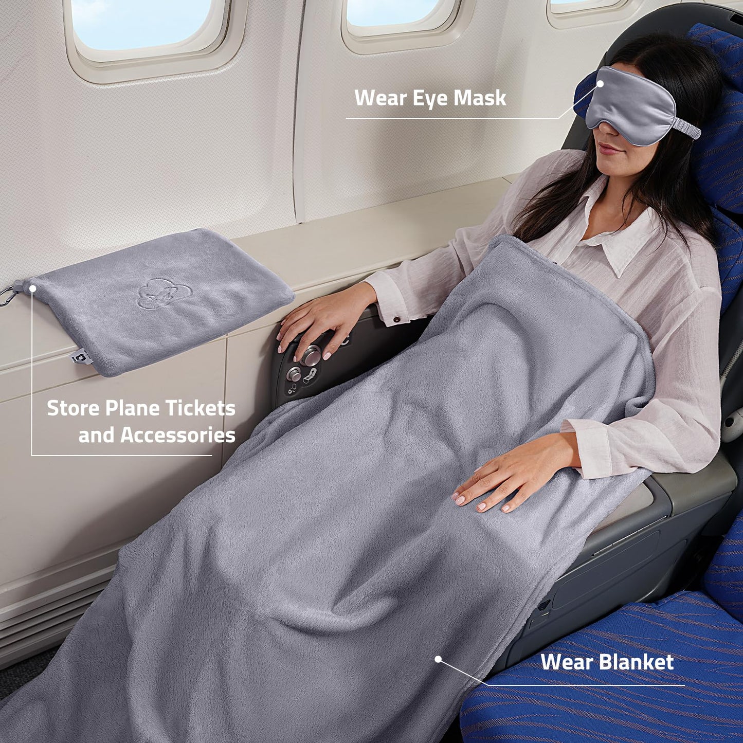 ENZOLVE Travel Blanket Pillow,Airplane Blanket Compact with Bag Eye Mask, Ultra-Soft,Warm &
