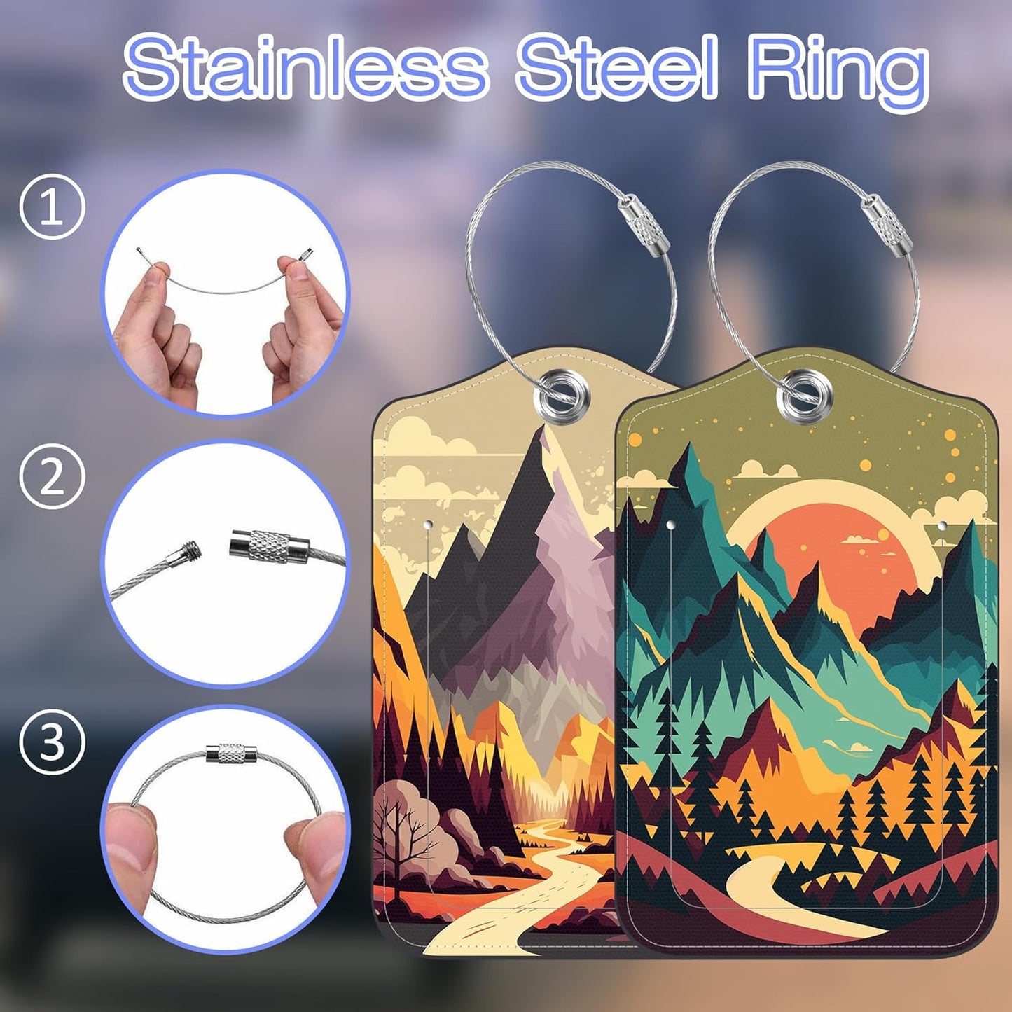2 Pack PU Luggage Tags for Suitcase, Mountain Lake Landscape Suitcase Tag Leather Privacy Cover ID Label with Stainless Steel Loop for Baggage Handbag School Bag Backpack