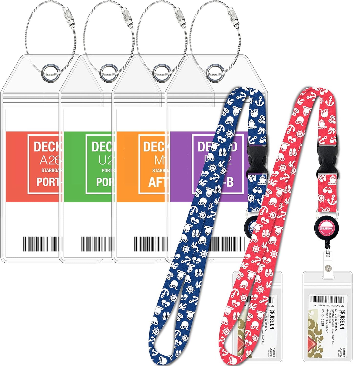 Carnival Cruise Luggage Tag Holders (4 Pack) & Lanyards (2 Pack), Large, Clear & Waterproof, Cruise Essentials 2025-2026 for Ship Cards & Baggage – Durable Travel Accessories (Blue and Pink Icons)