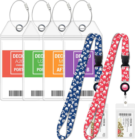 Carnival Cruise Luggage Tag Holders (4 Pack) & Lanyards (2 Pack), Large, Clear & Waterproof, Cruise Essentials 2025-2026 for Ship Cards & Baggage – Durable Travel Accessories (Blue and Pink Icons)