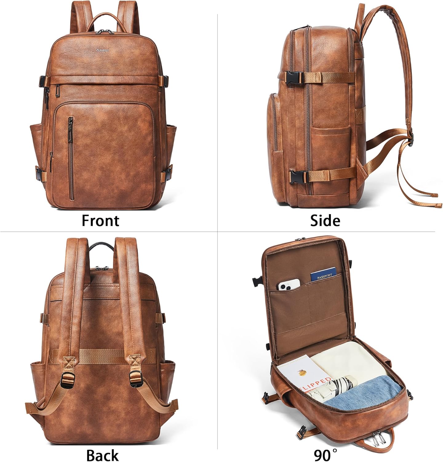 Leather Laptop Backpack for Women, Featuring a 15.6" Padded Laptop Compartment, Water Bottle Pocket and Trolley Sleeve, Ideal for Work, Travel, Everyday Use, and as a Thoughtful Gift