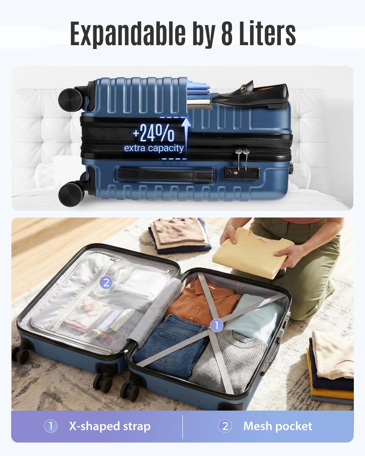 LIGHT FLIGHT Expandable 20" Carry On Luggage 22x14x9, TSA Lock, Blue