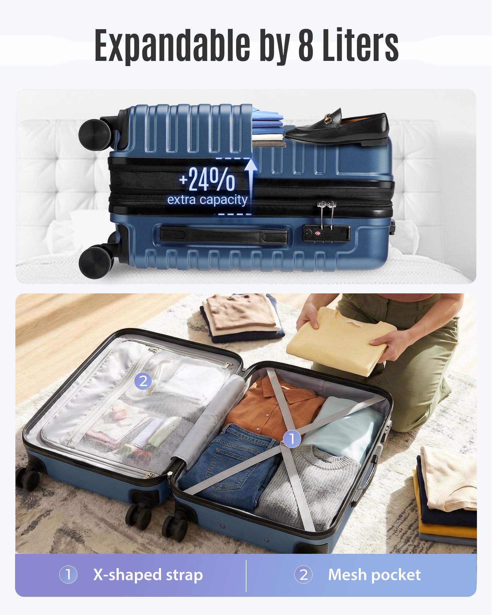 LIGHT FLIGHT Expandable 20" Carry On Luggage 22x14x9, TSA Lock, Blue