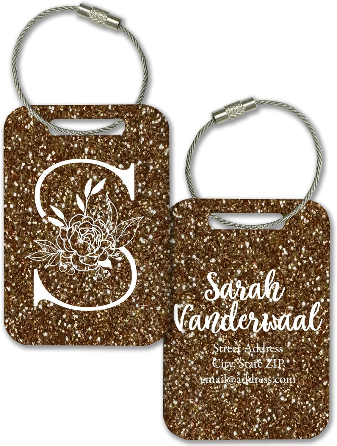 Personalized Monogram Name Tag for Luggage (3 or 6 Count Pack) | Custom Tag for Suitcase | Acrylic Name Tag for Travel | Choose Your Font & Color | Backpack ID Label (Monogram, Gold Glitter)