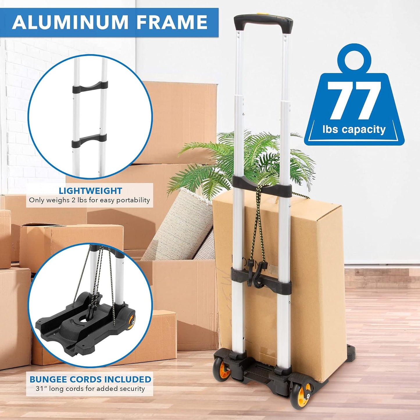 Mount-It! Luggage Cart with Wheels Foldable | Strong, Compact Luggage Cart Holds 77 Pounds - Carry Boxes, Backpacks and Luggage Smoothly with Our Folding Luggage Cart