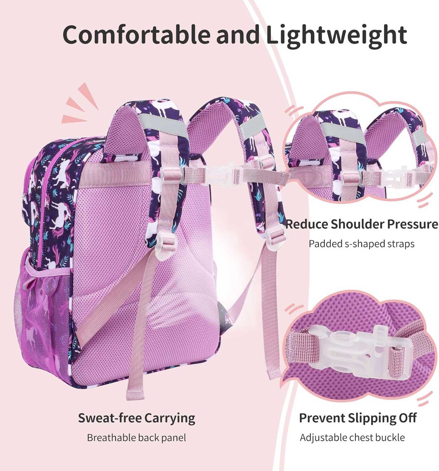 Kids Backpack for Girls - 15 Inch Backpack for Kids 3 to 8, Lightweight Bookbag for Preschool Kindergarten Elementary School, Insulated Pocket, Safe Reflective Stripe, Deep Purple Unicorn