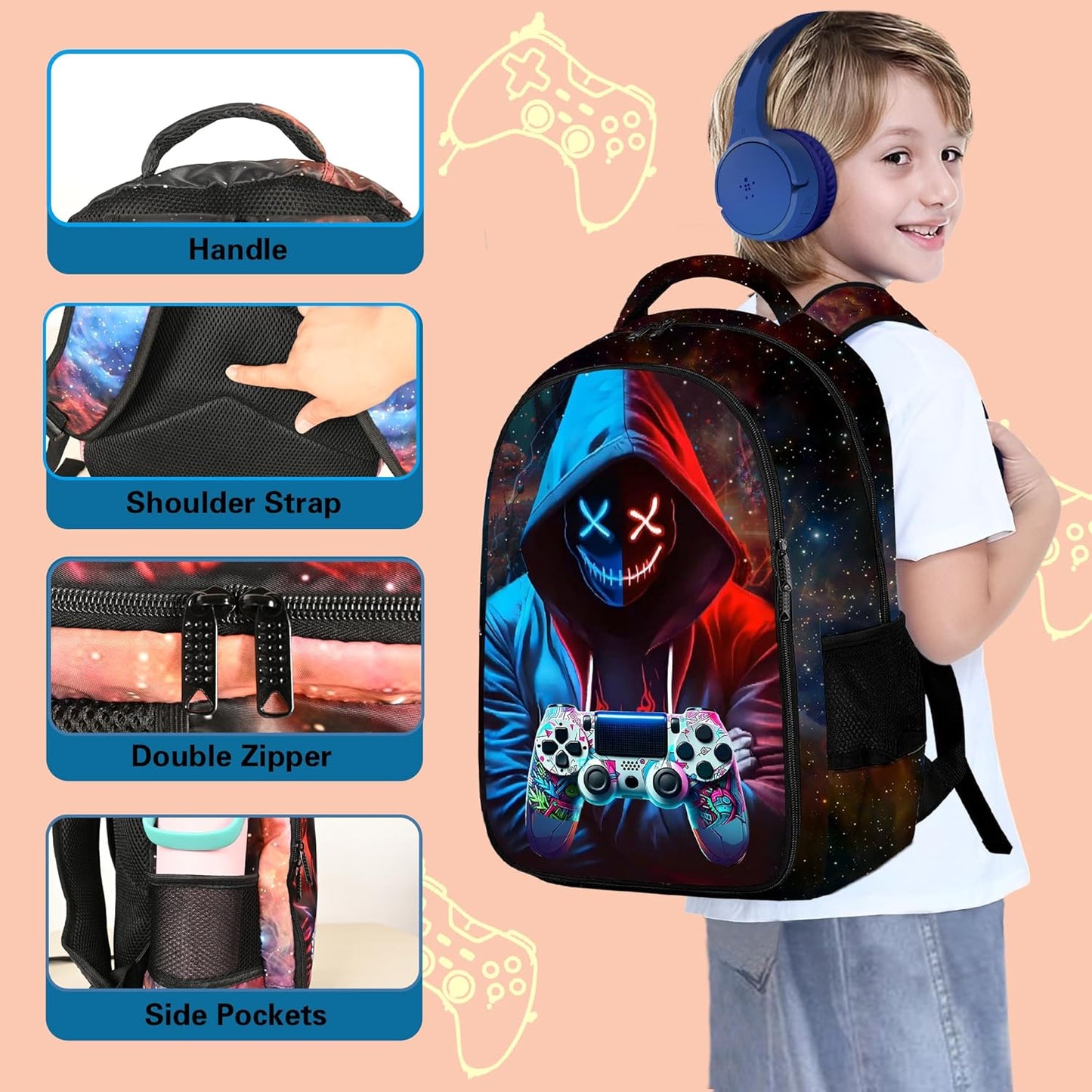 Game Backpack Set for Boys, Gaming Backpack 3 Pack, Boys Lunch Box, and Pencil Bag for Kids, 17"