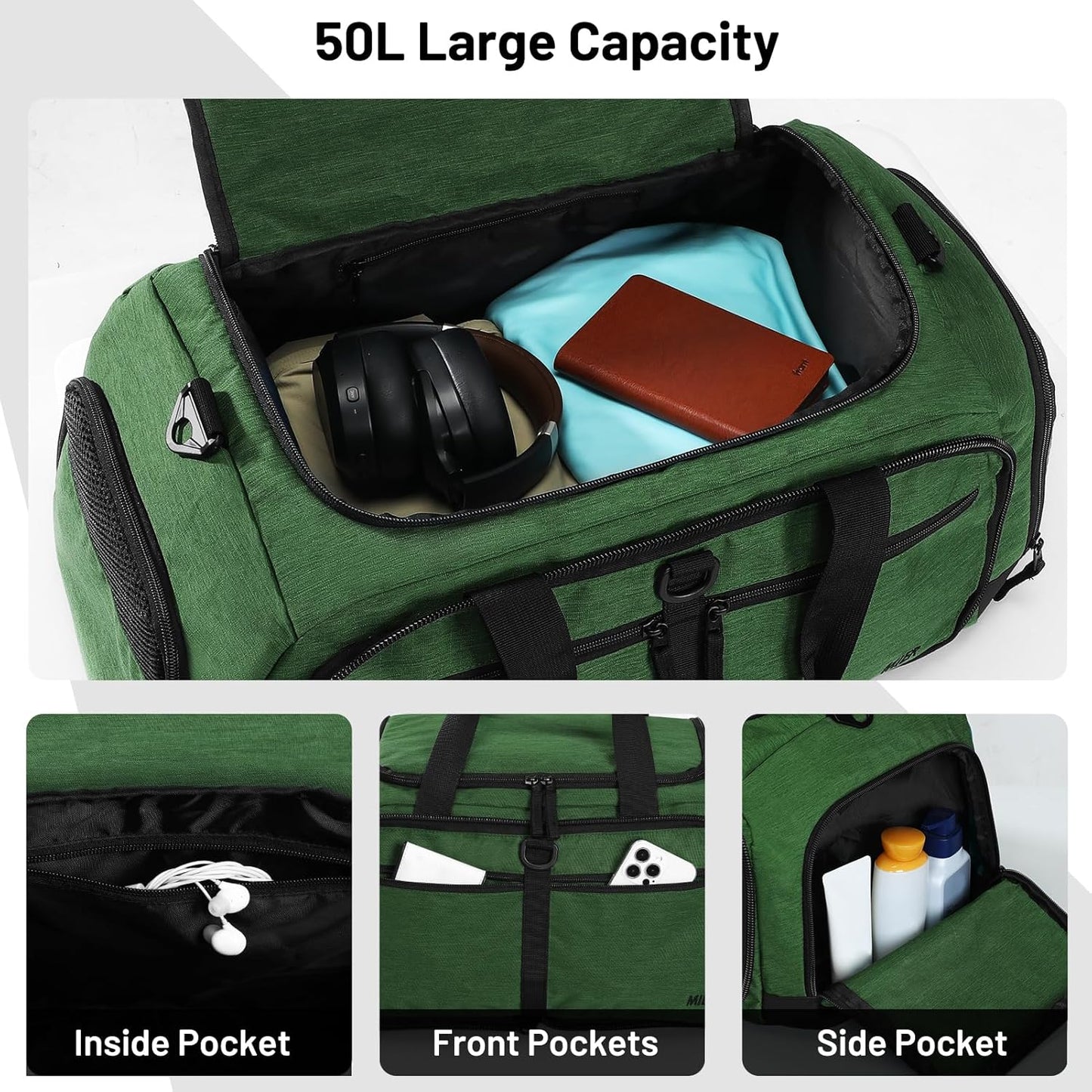 MIER Foldable Duffle Bag with Shoe Compartment 50L Travel Duffel Bags for Men Women Packable Overnight Bag for Camping Gym Weekender, Dark Green