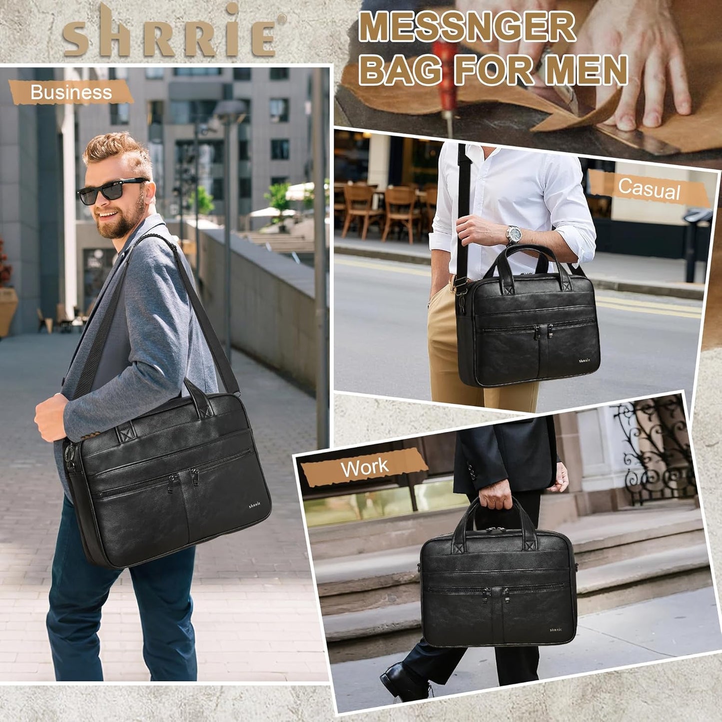 Shrrie Leather Messenger Bag for Men&Women 16 inch Laptop Bag,Water-Resistant Retro Leather Briefcase for Men Business,Work