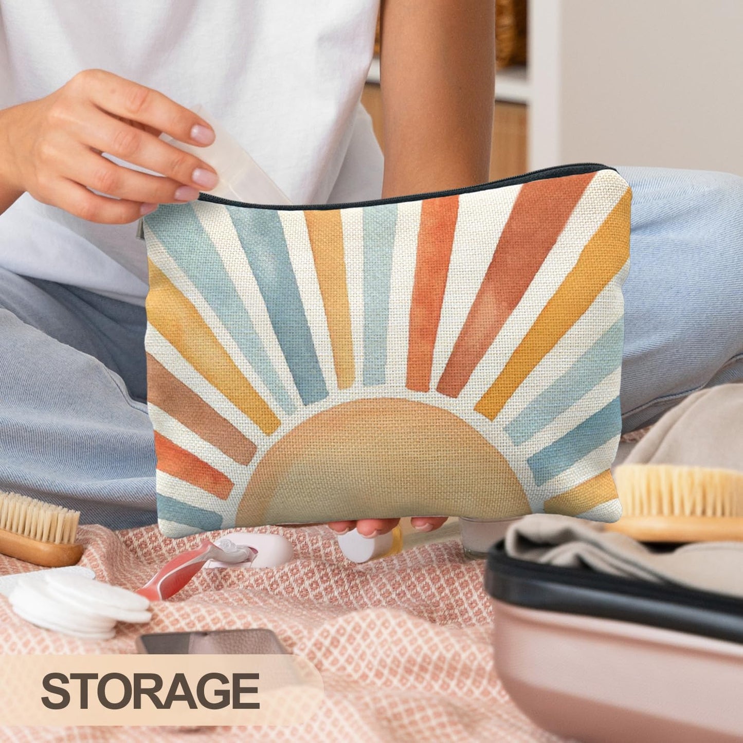 Vintage Boho Colorful Sun Sunrise Sunset Makeup Bag, Sunshine Gifts Cosmetic Bags for Women, Boho