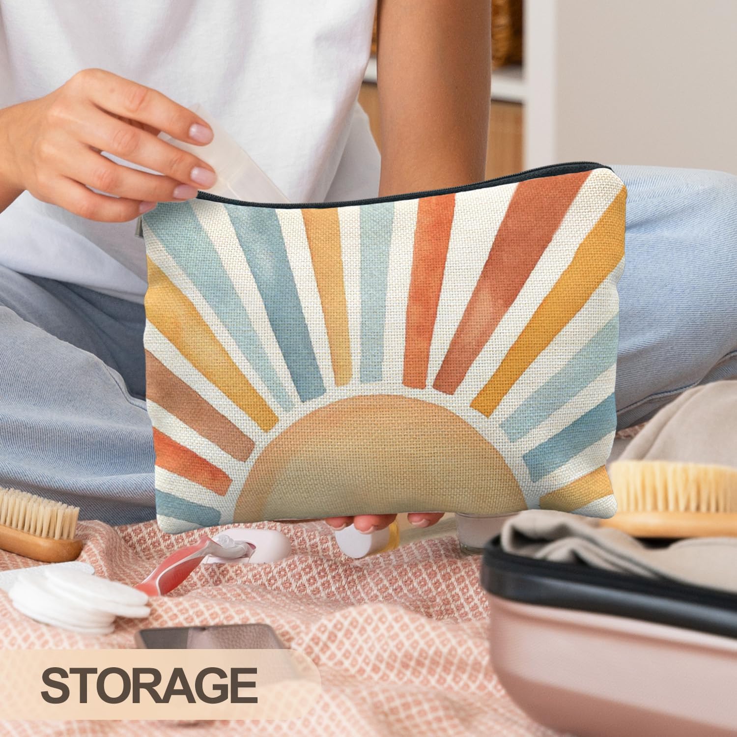 Vintage Boho Colorful Sun Sunrise Sunset Makeup Bag, Sunshine Gifts Cosmetic Bags for Women, Boho