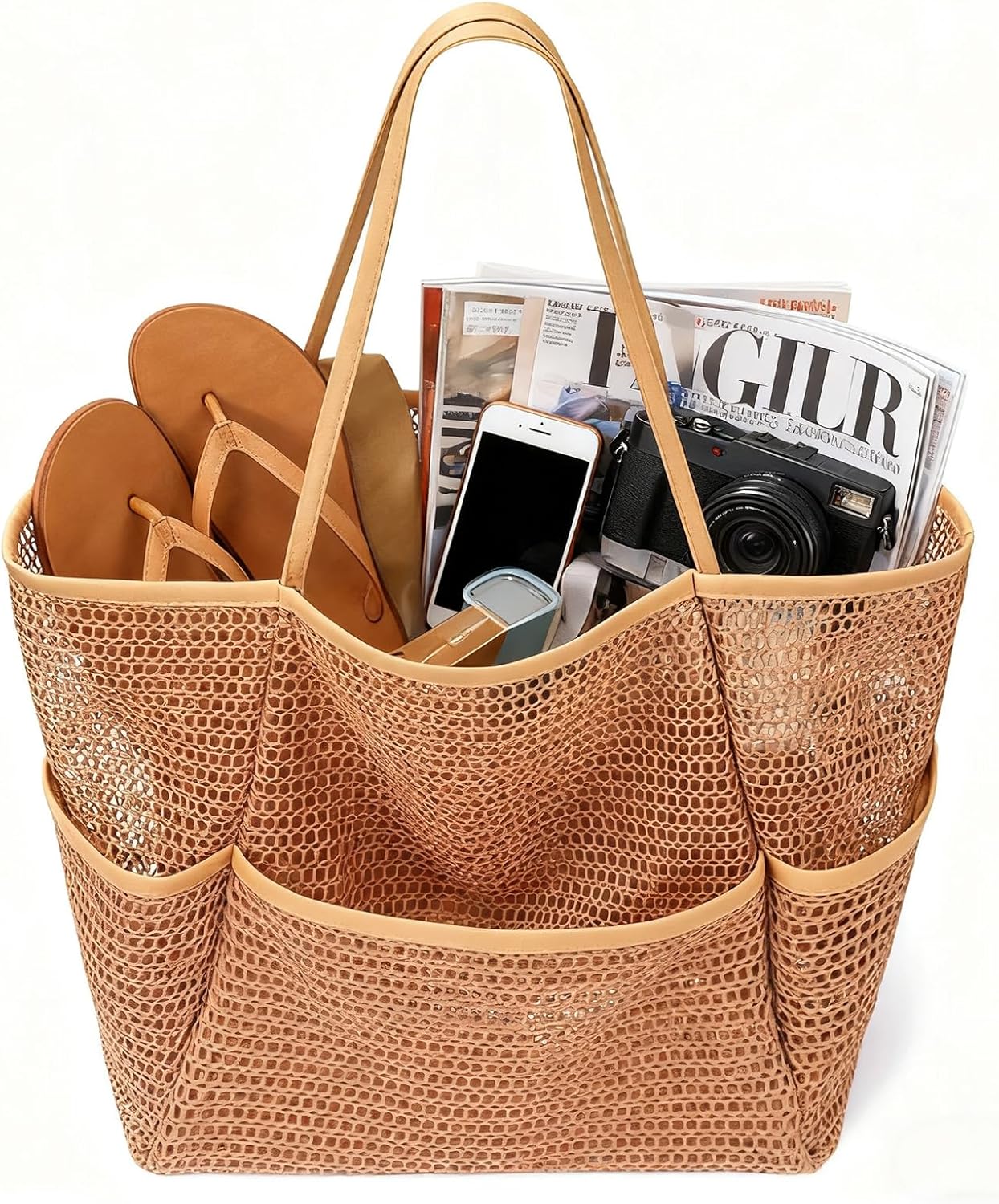 Large Beach Bags for Women, Mesh Beach Tote with Zipper, Foldable Pool Tote Bag Travel Beachbag Waterproof Sandproof