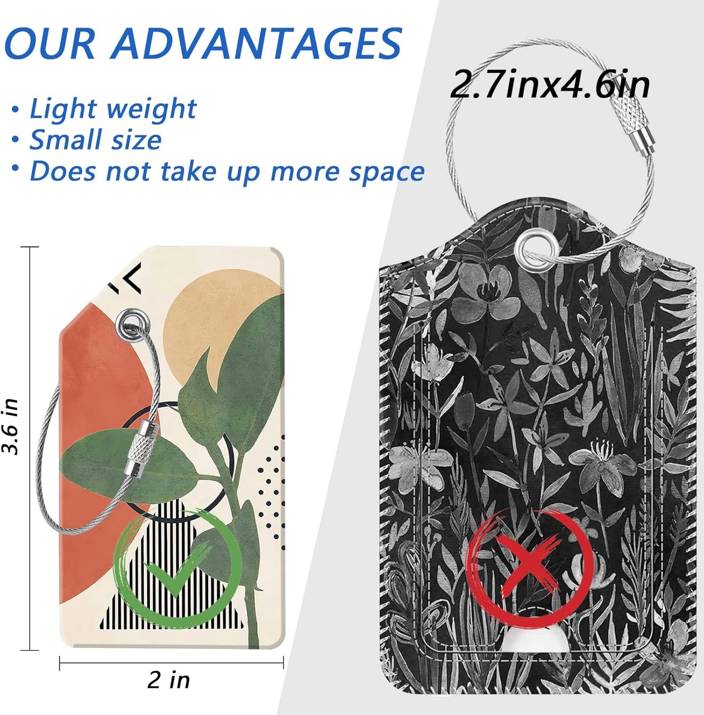 4 Luggage Tags, (1" Smaller Than Traditional) Perfect for Quick Luggage Identification with Stainless Steel Ring and Address Card for Travel and Luggage (Black Flowers + Green Leaves)
