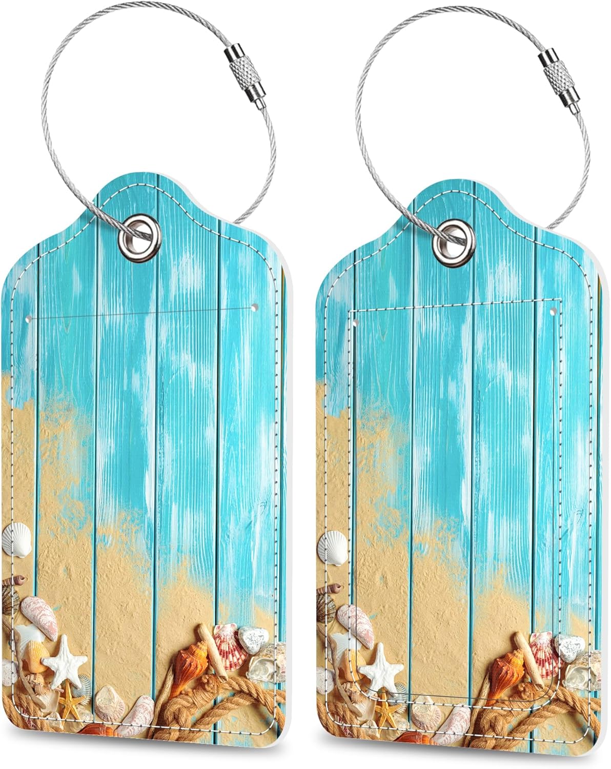 Luggage Tags for Suitcase Rope Shells Sea Sand on Blue Wooden 2 PCS Leather Travel Cruise Luggage Tag with Stainless Steel Loop Name ID Label Privacy Cover for Women Men Travel Bag Labels Set