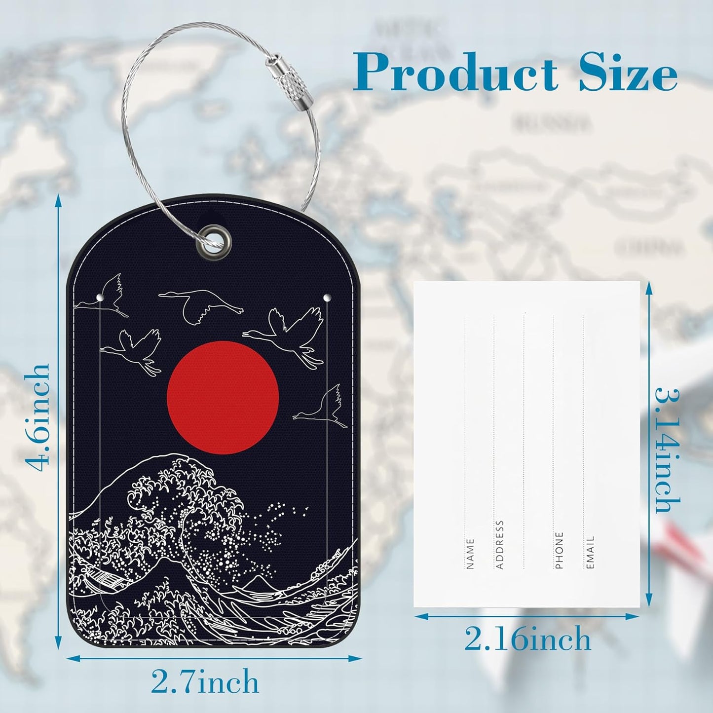 Japanese Storks and Wave Leather Luggage Tag for Suitcase 2 Pack Luggage Tag with Privacy Name ID Label and Stainless Steel Loop for Travel Bag Suitcase