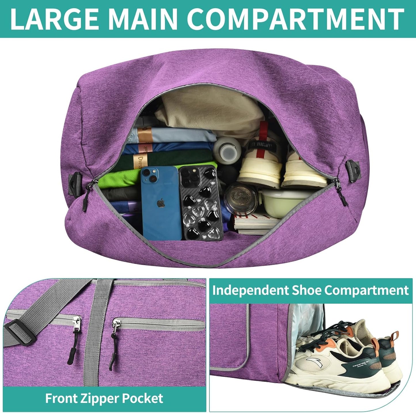 Dimayar 115L Travel Duffle Bag for Men Women - Foldable Duffel Bag with Shoes Compartment - Overnight Bags Waterproof & Tear Resistant(Purple)