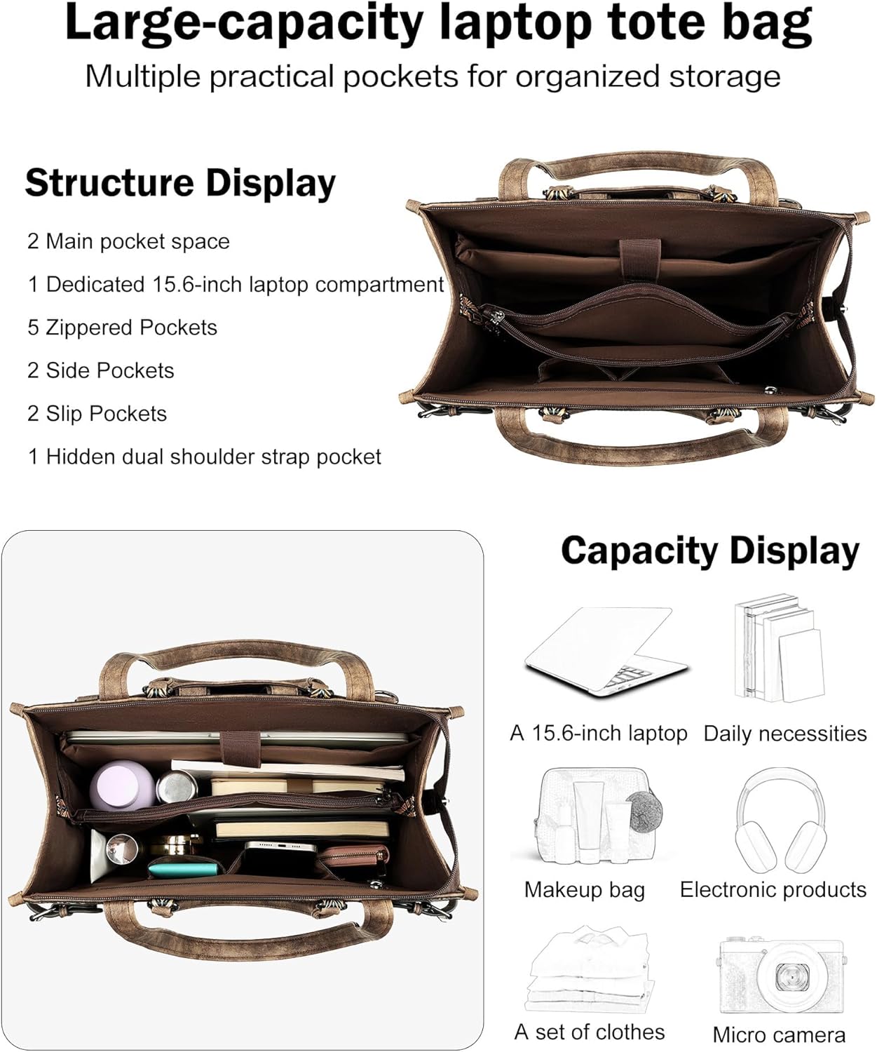 FADEON Laptop Bag for Women Designer PU Leather Large Tote Bags Backpack Purses with 15.6 Laptop Compartment Shoulder Handbag