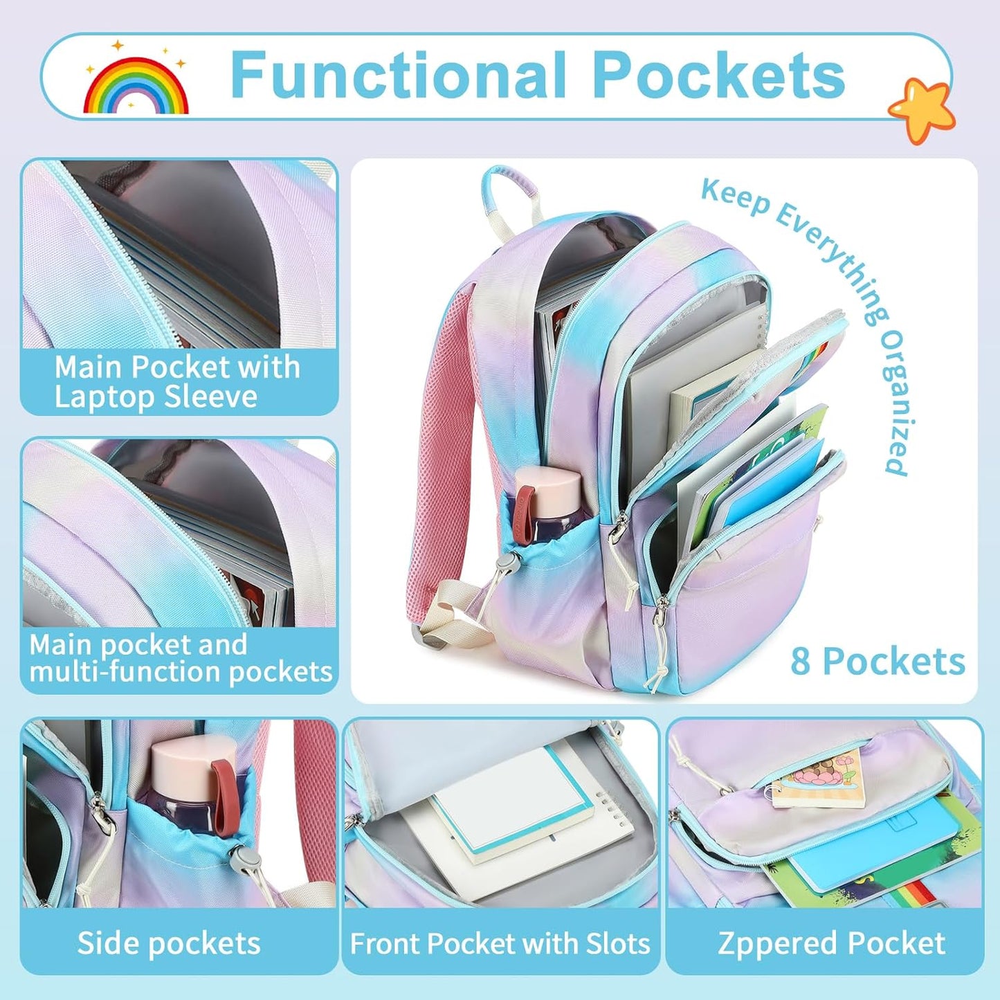 CAMTOP School Backpack for Girls, Kids Backpack for Elementary Middle Ages 8-10 Fit 15.6 Inch Laptop, Lightweight Travel Casual Daypack (Gradient)