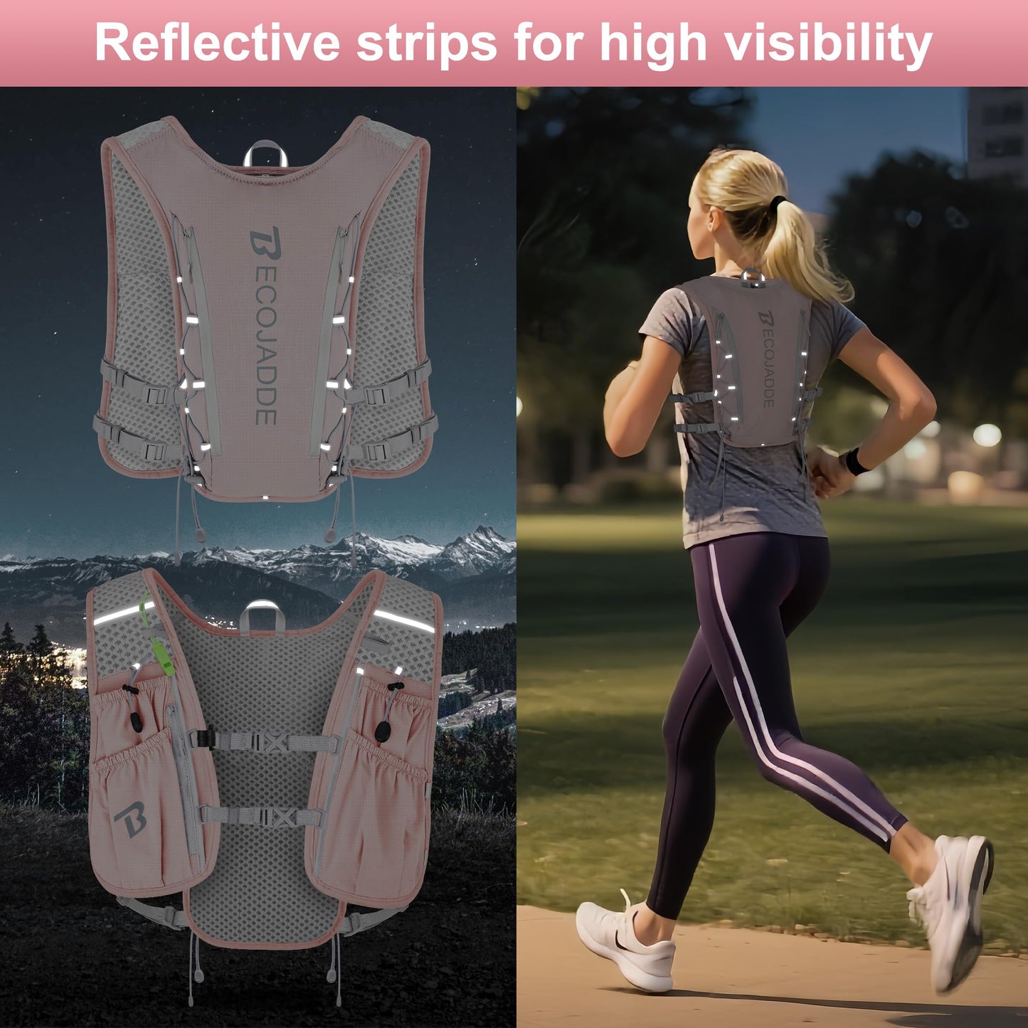 BECOJADDE Running Vest Hydration Backpack with Two 500ML Soft Water Bottles for Men Women, 5L