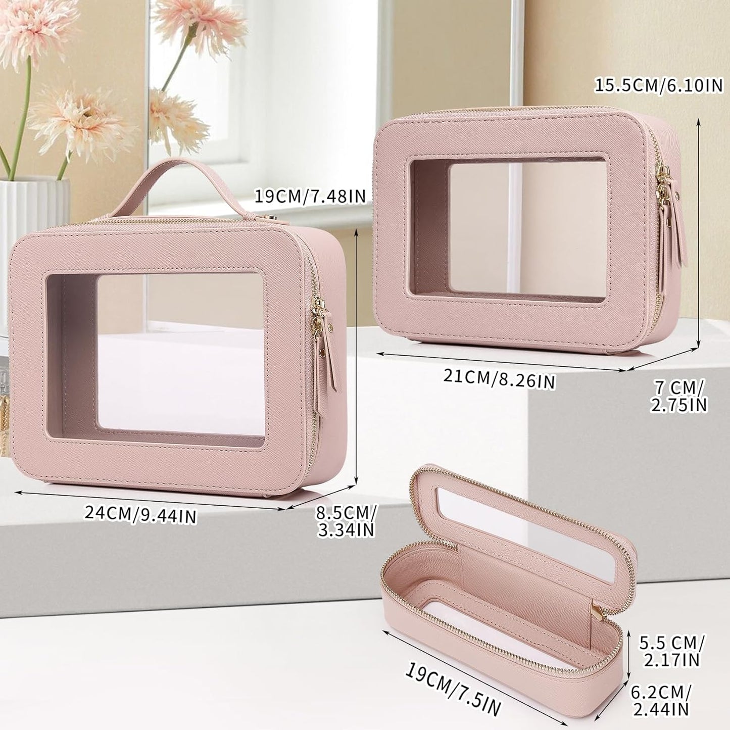 Travel Makeup Set Waterproof Transparent Cosmetic Bag and Toiletry Bag Makeup Brush case with Zipper Car Essentials for Women (Pink, L+M+SLIM)