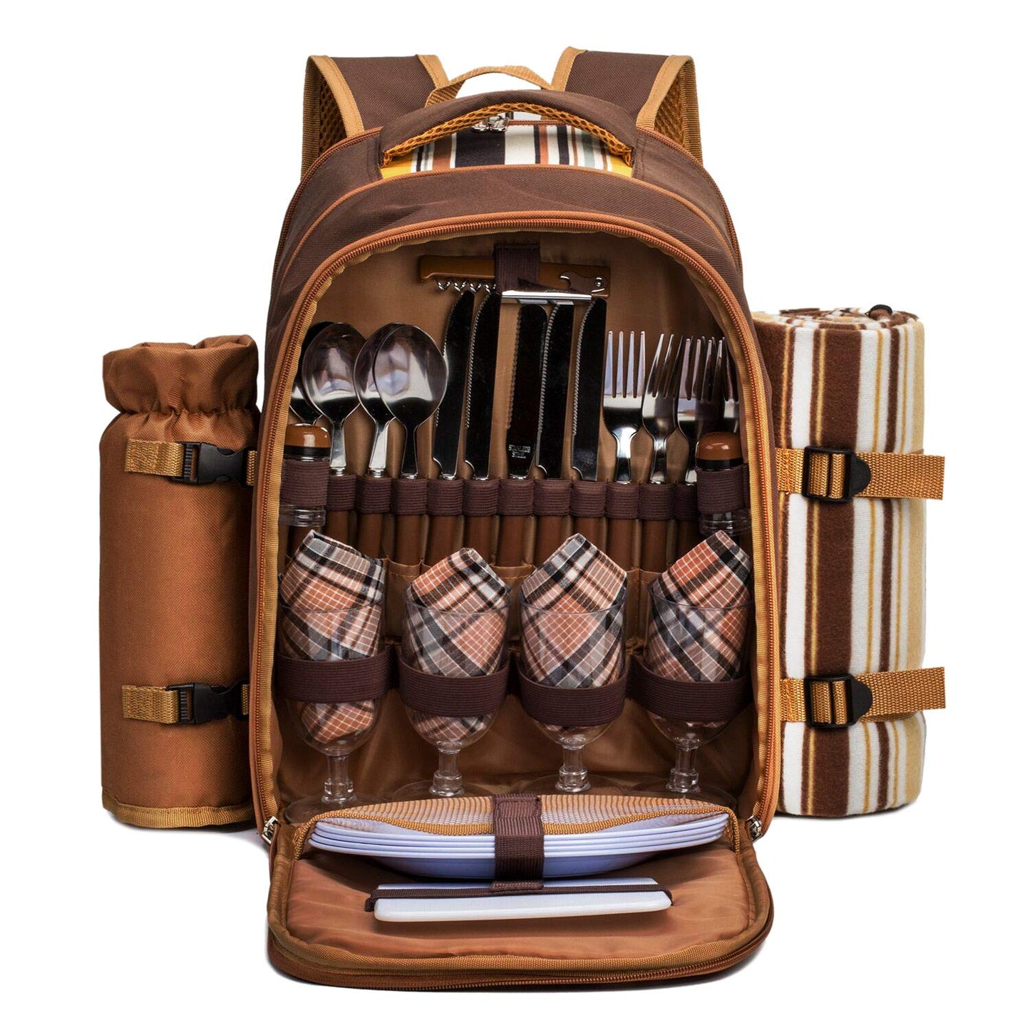 Picnic Backpack, 4-Person with Blanket & Wine, Family & Lovers Gift, Brown
