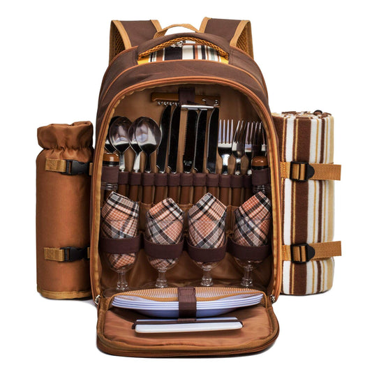 Picnic Backpack, 4-Person with Blanket & Wine, Family & Lovers Gift, Brown