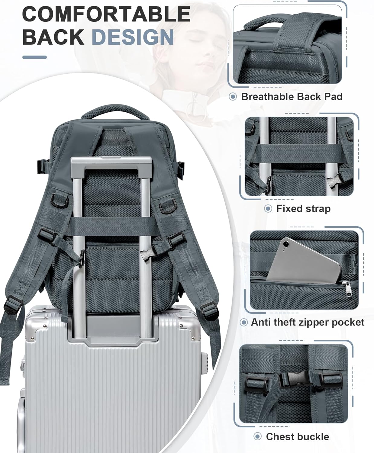 VGCUB Travel Backpack for Women Men for Spirit Airlines Personal Item Bag 18x14x8 Inches Laptop College Backpack,Waterproof Carry on Flight Approved Work Backpack Mochila de Viaje,Grey blue