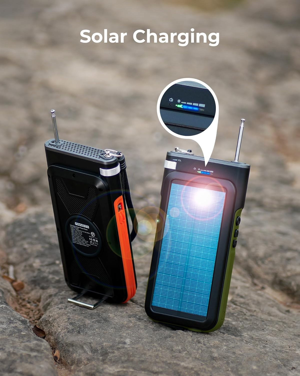 GOODaaa Solar Power Bank, 45800mAh Wireless Portable Charger Built-in Cables,15W Fast Charging Solar Charger, USB C in&Out and USB A Battery Pack for Outdoor with Radio,Flashlight