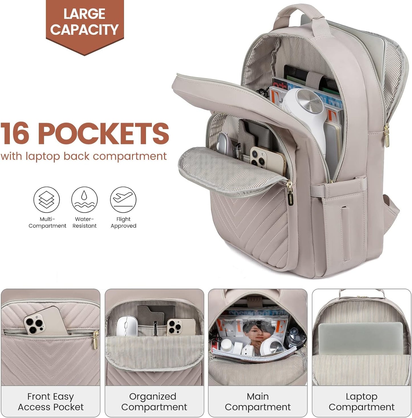 LOVEVOOK Laptop Backpack for Women 15.6 inch, Travel Backpack Purse,Professional Laptop Computer Bag,Waterproof Work Business College Teacher Bags Carry on Backpack with USB Port,Taro Grey