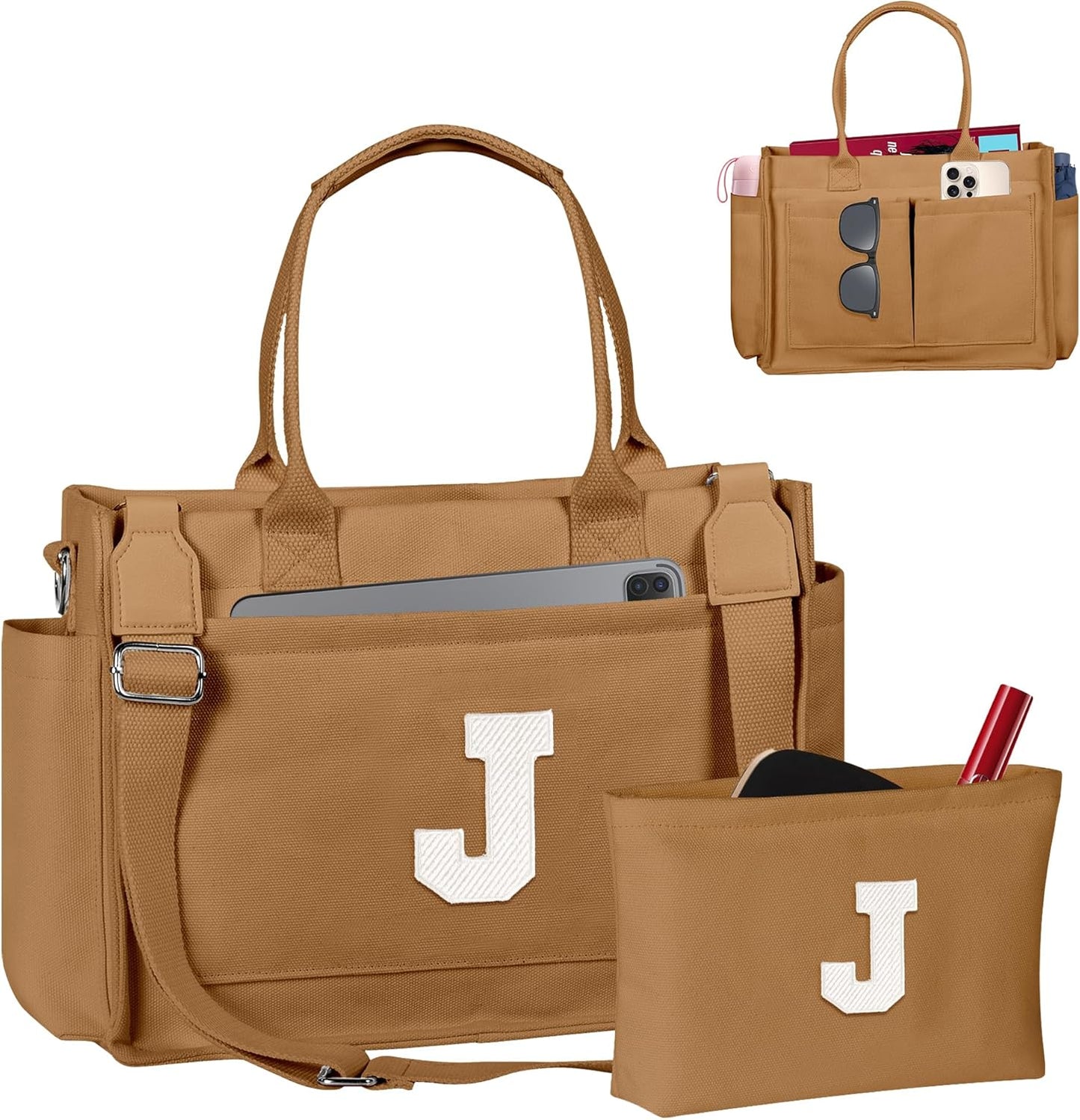 Gifts for Women Teen Girls, Initial Tote Bag with Zipper, Letter Canvas Tote Purse for College Work Laptop Beach