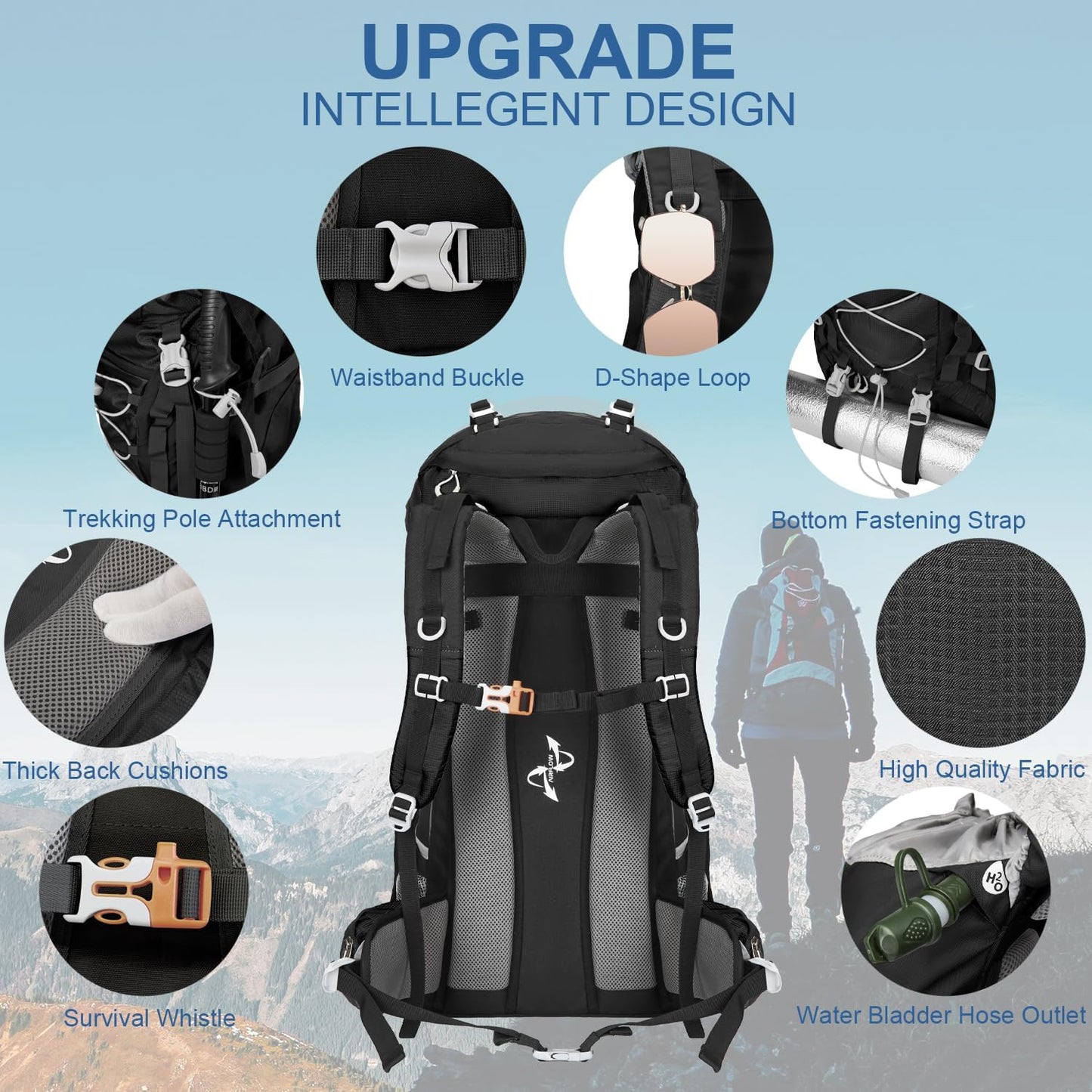 60L Hiking Backpack Water Resistant Camping Backpack with Rain Cover Large Outdoor Travel Daypack for Men Women (01-Black)