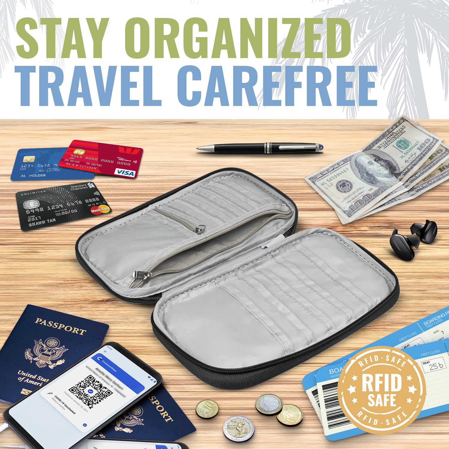 BOACAY Travel Document Organizer with RFID, Family Passport Holder, Wallet for Women & Men