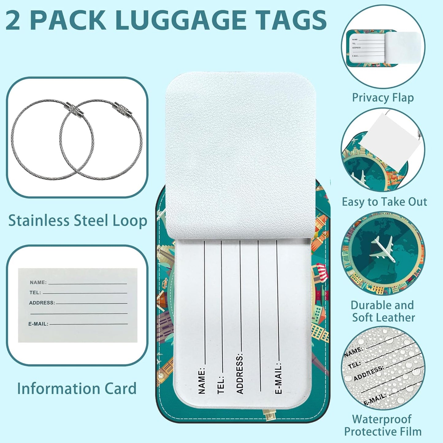 2 Pack Cute Luggage Tag for Suitcases Travel Around The World Leather Luggage Tags with Stainless Steel Loop Privacy Flap Name Tags,Men and Women Travel Bag Suitcase Tags