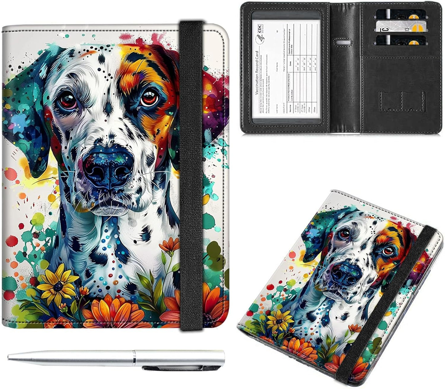 Passport and Vaccine Card Holder Cover Combo,Travel Passport Holder Wallet with RFID Blocking, Leather Vaccine Card Slot Passport Cover Case for Women & Men,Dalmatian Dog with Flowers