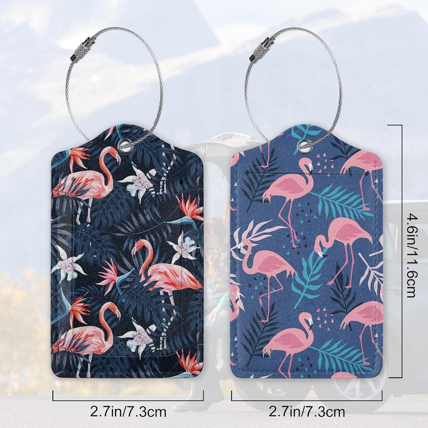 Pink Flamingos 2 Pack Luggage Tag for Suitcase, Cute Unique Leather Bag Tags Identifiers Privacy Cover ID Label with Durable Steel Loop for Women Men Kids Girls Travel