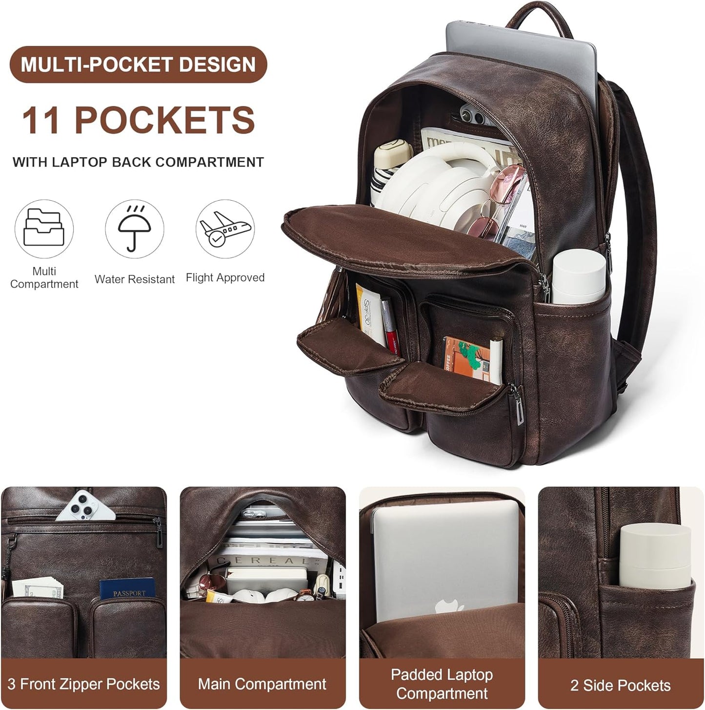 Shrrie Laptop Backpack for Women 16 Inch,Vegan Leather Travel Backpack Purse Work Business Computer Backpacks Teacher Nurse College Laptop Bookbag Casual Daypack,Two-toned Coffee