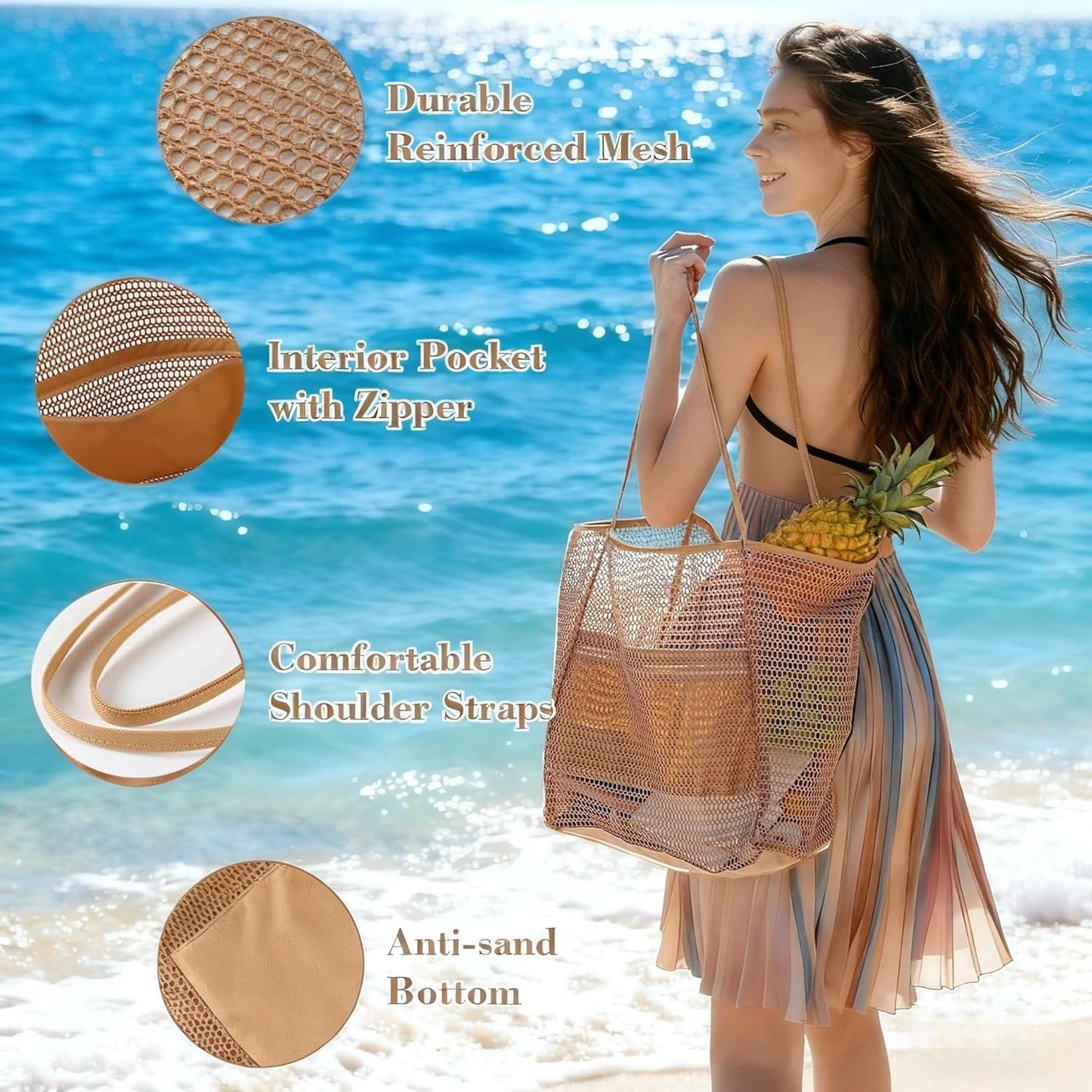 Mesh Beach Bag with Women - Ventilated Mesh Design with Inner Pocket -Vacation & Travel Have,Woven Shoulder Handbag