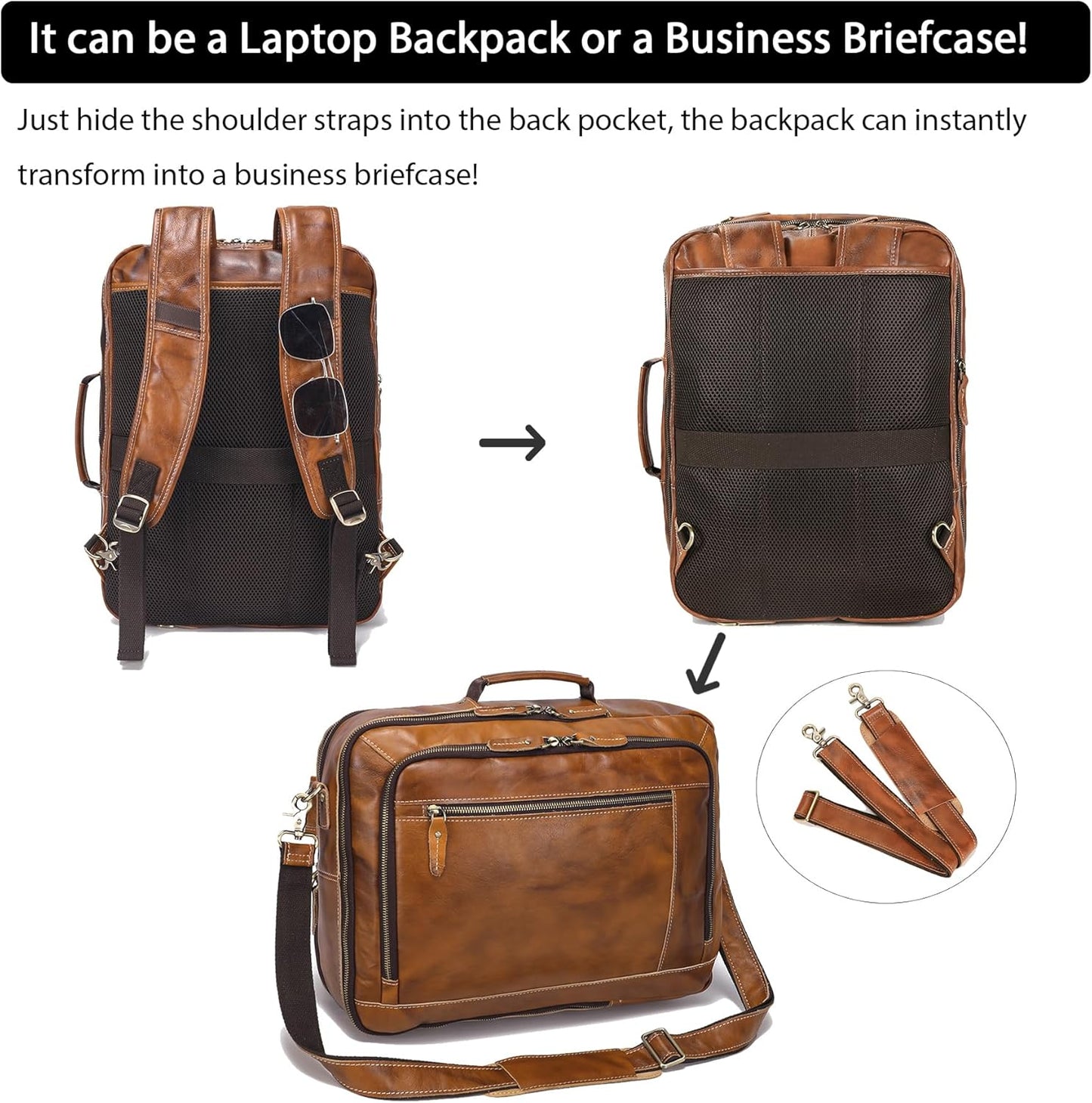 LANNSYNE Vintage Genuine Leather Backpack For Men, 2 in 1 Expandable Briefcase Fits 17'' Laptop Crossbody shoulder Bag Business/Travel Rucksack