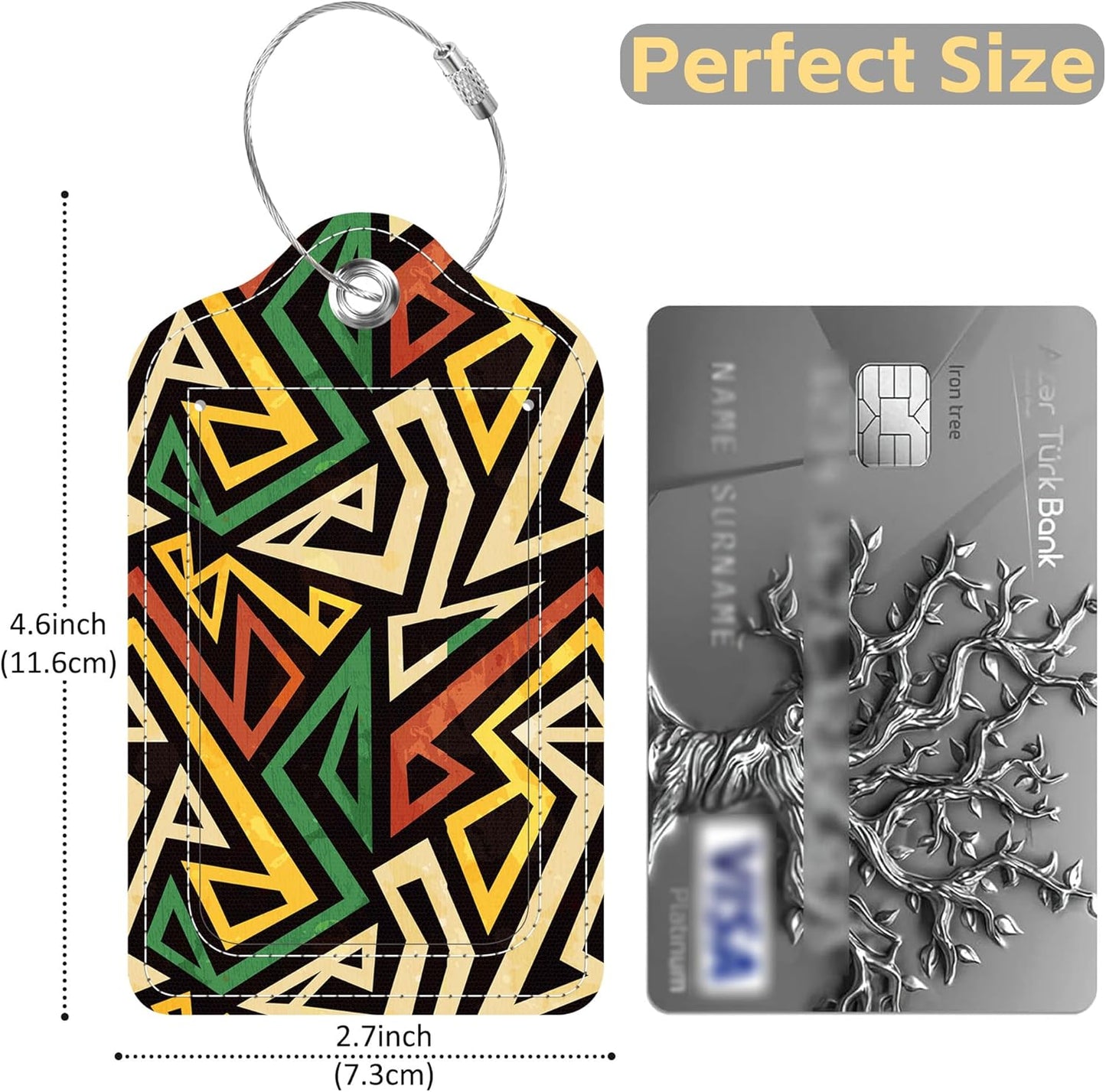 Set of 2 Luggage Tags Geometric Pattern with Grunge Effect Leather Suitcases Tag with Privacy Cover Stainless Steel Loop and Address Card for Women Men Travel