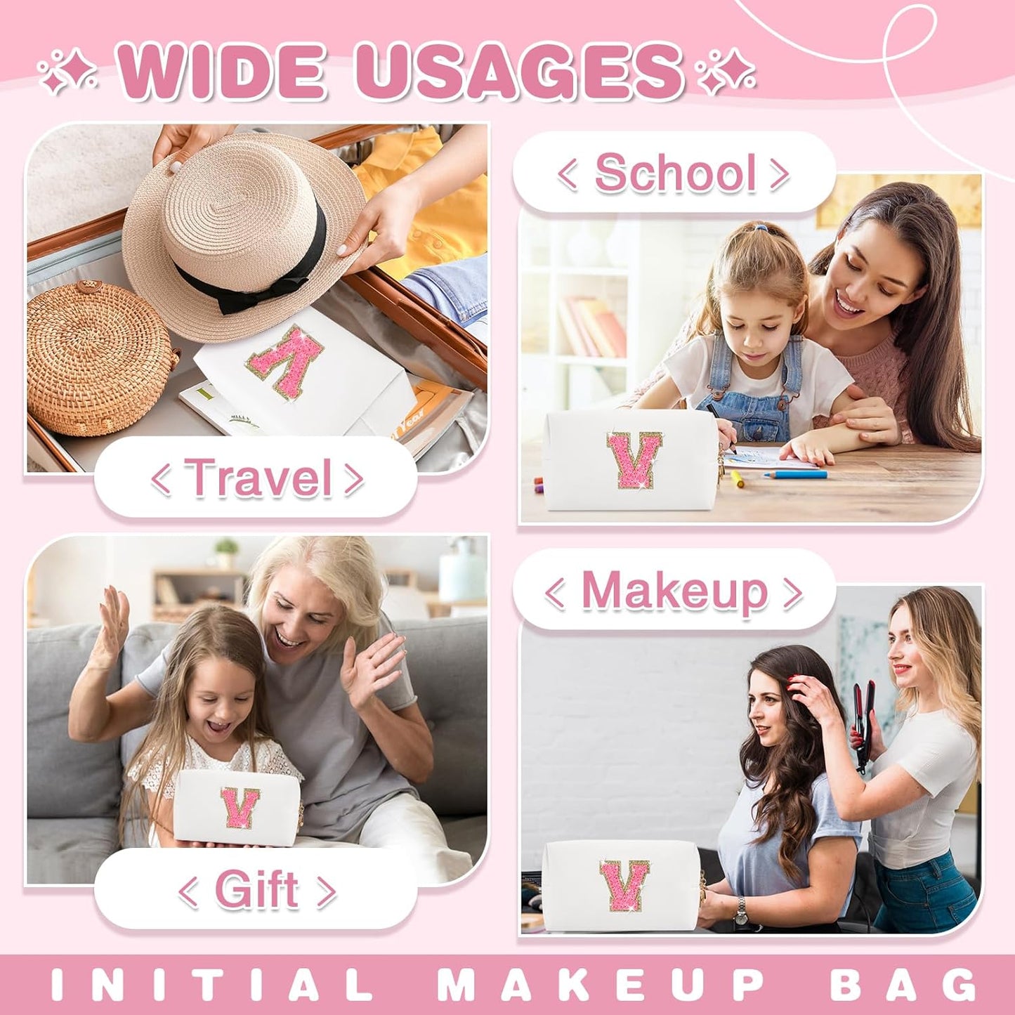 Small Personalized Initial A-Z Patch Makeup Bag,White Cute PU Leather Glitter Letter Cosmetic Bag for Teen Girls,Travel Toiletry Bag with Zipper,Preppy Monogrammed Birthday Gift for Daughter Niece V