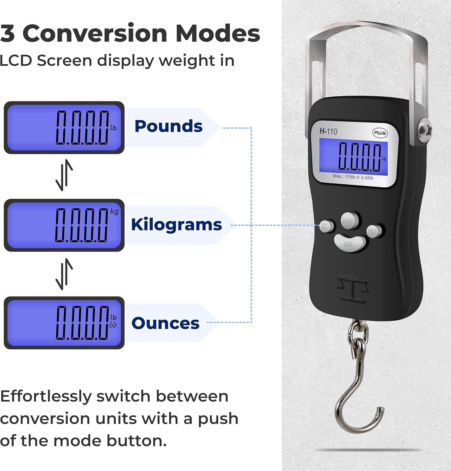 AWS Digital Luggage Scale, Fish Weighing Scale, Hanging Scale 110lb/50kg – Die-Cast Metal Construction, Built-in Tape Measure, Hook & Handle – for Travel, Fishing, Archery, Hunting, Outdoor (Black)