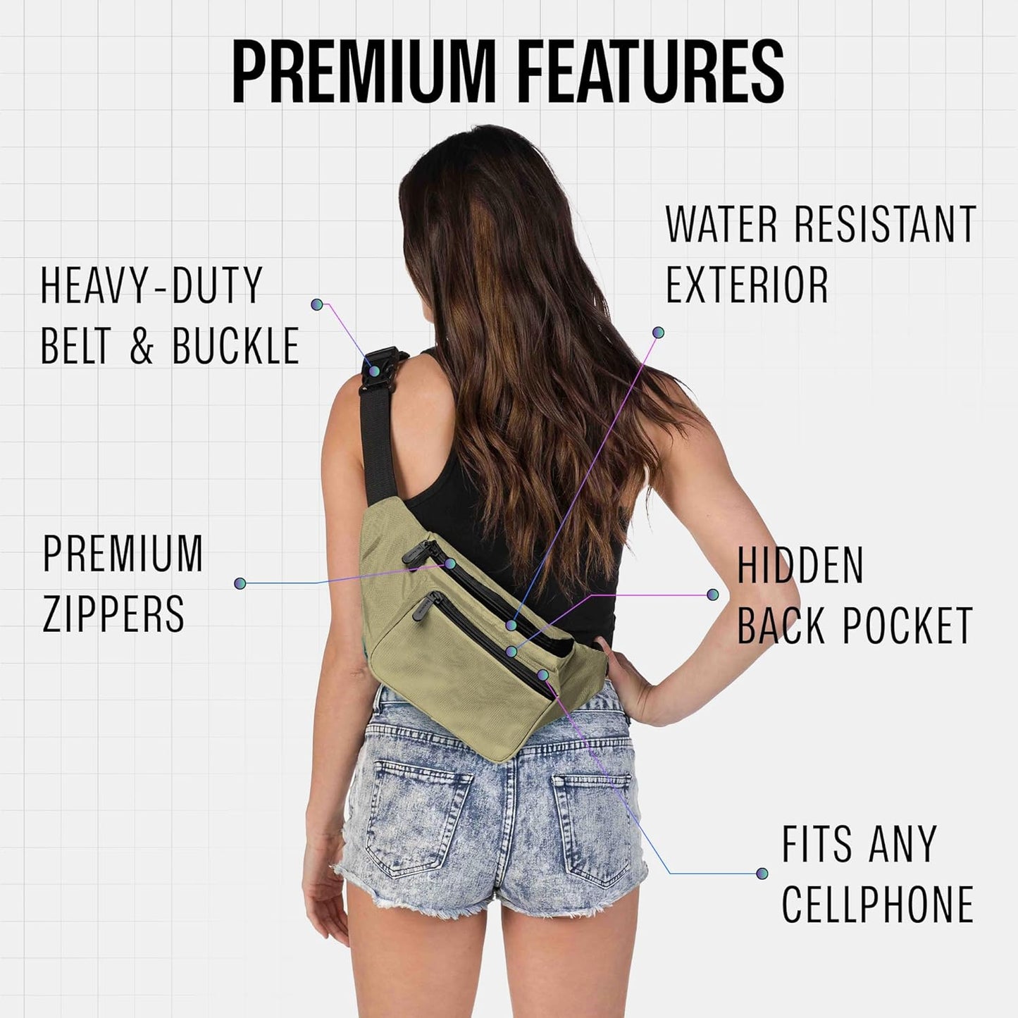 Olive Green Fanny Pack Belt bag - Crossbody Waist Bag for Men or Women - Hands-Free, Waterproof Large Bumbag for Hiking, Running, and Travel