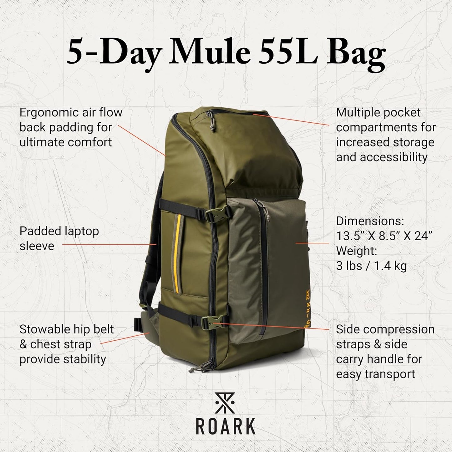 Roark 5 Day Mule 55L Backpack, Multi-Day Travel Pack with Laptop Storage, Military