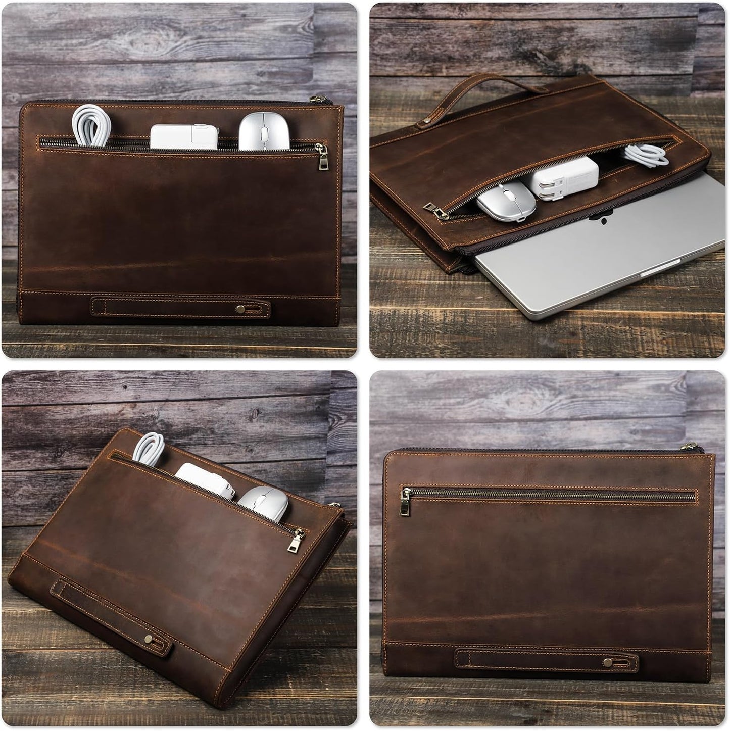 Top Grain Leather 14.2" Slim Laptop 90° Zipper Bag, Vintage Design, Handmade, Compatible with MacBook Pro/Air 14"/13.3"/13.6" 2021 2022 M1 Pro/M1 Max A2442 & Other Laptop, Coffee 14.2 Inch