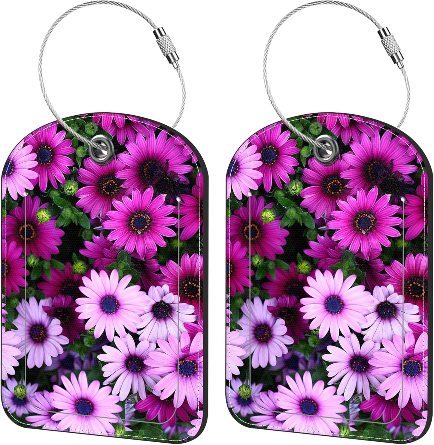 2 Pack Cute Luggage Tag for Suitcases Flower Field Leather Luggage Tags with Stainless Steel Loop Privacy Flap Name Tags,Men and Women Travel Bag Suitcase Tags