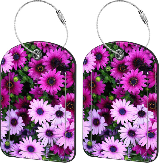 2 Pack Cute Luggage Tag for Suitcases Flower Field Leather Luggage Tags with Stainless Steel Loop Privacy Flap Name Tags,Men and Women Travel Bag Suitcase Tags